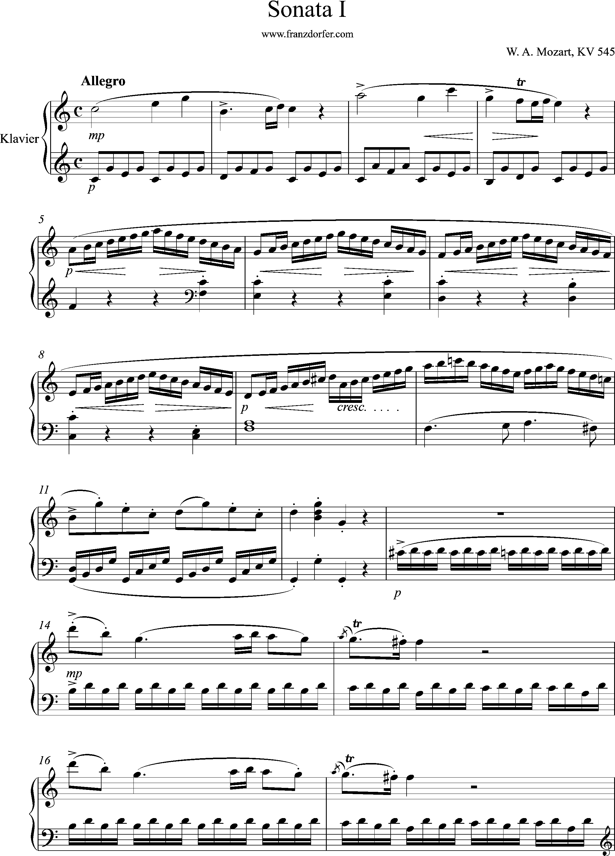 Piano Sheetmusic, KV545, Mov. 1- Allegro